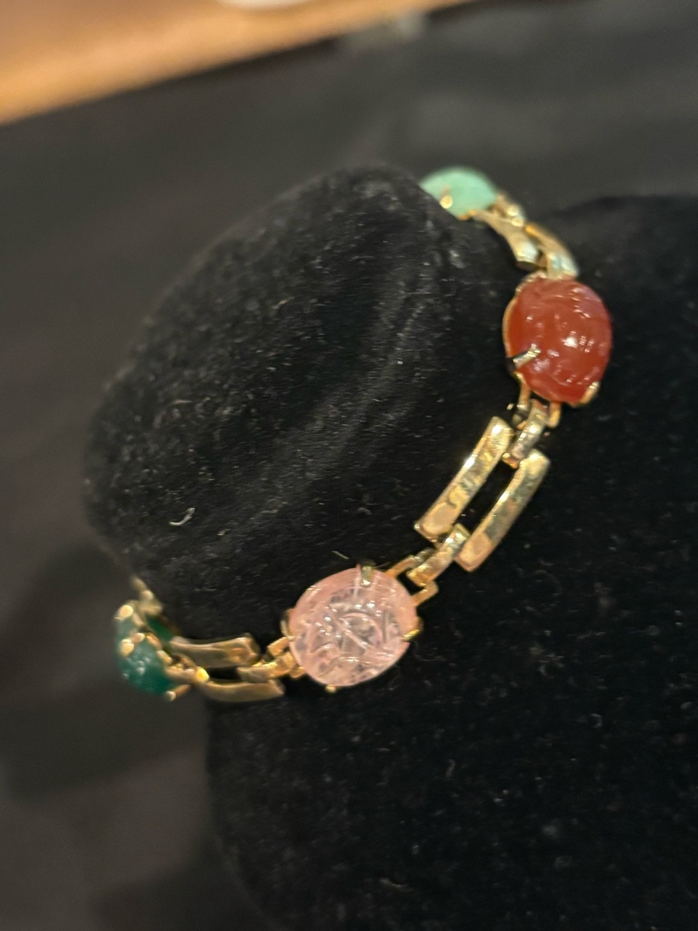 Gold Tone Bracelet with Green, Pink and Red Gem Medallions